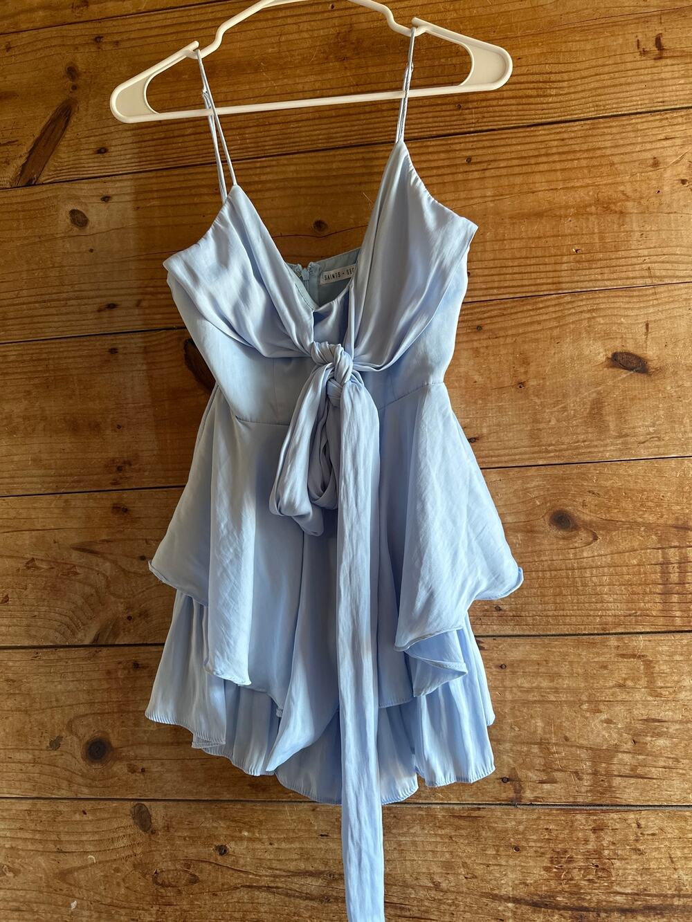 Saints & Secrets Baby Blue Tiered Flowy Romper with Tie